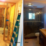 New shower with frameless glass door, tile overhead rain shower faucet and vanities.