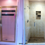 Shower remodel with new tile, shower pan and frameless shower door.