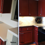 New countertop, backsplash, under cabinet lighting, new stove and cabinet hardware.
